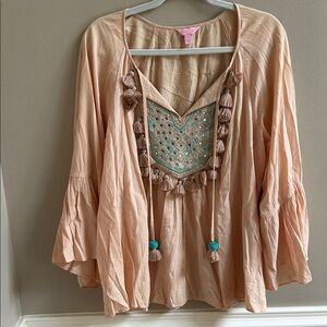 Lilly Pulitzer Shandy Sandstone Peach Boho Top Blouse Tassels Size Large
